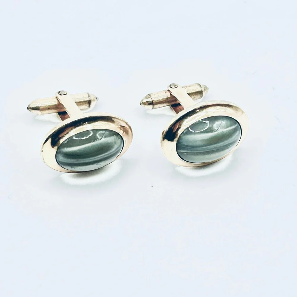 Minimalist quiet luxury gold tone Cuff links with gray center stones